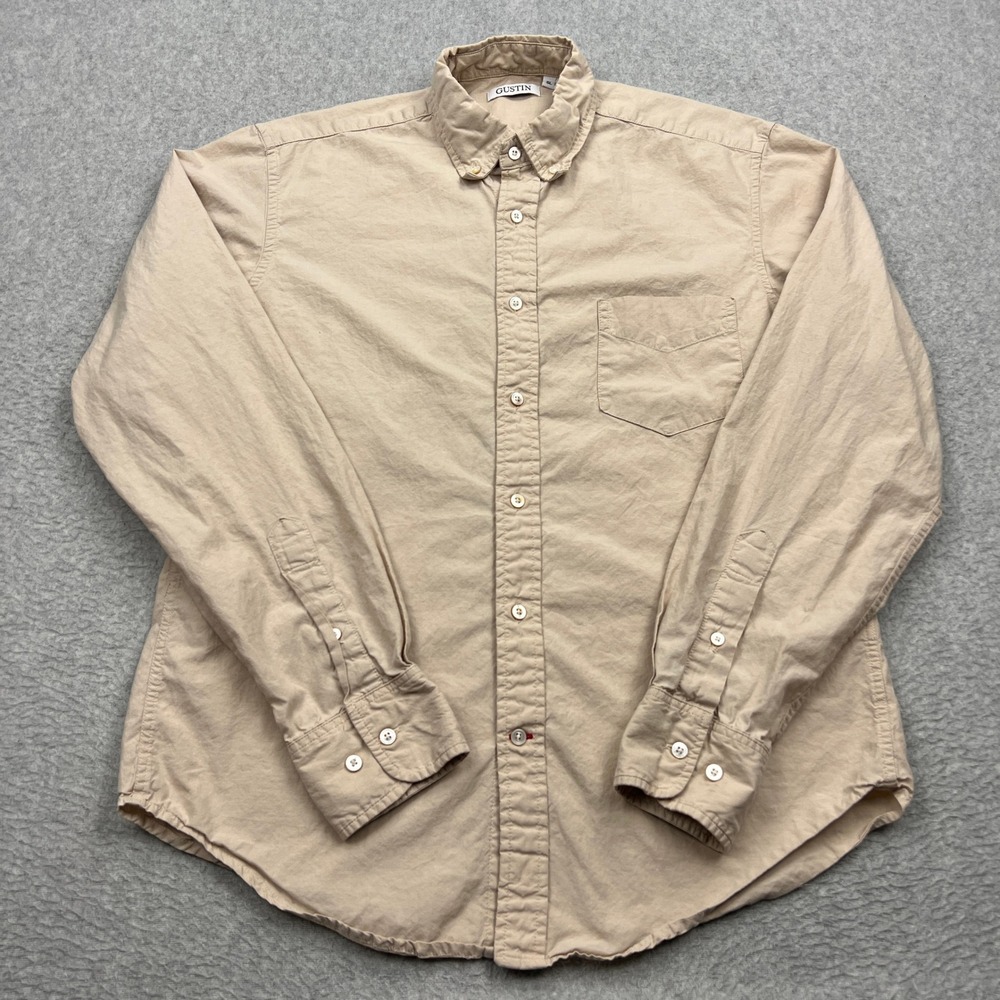 Gustin Button Down Shirt Mens Large Tan Long Sleeve Slim Cotton Twill USA Made